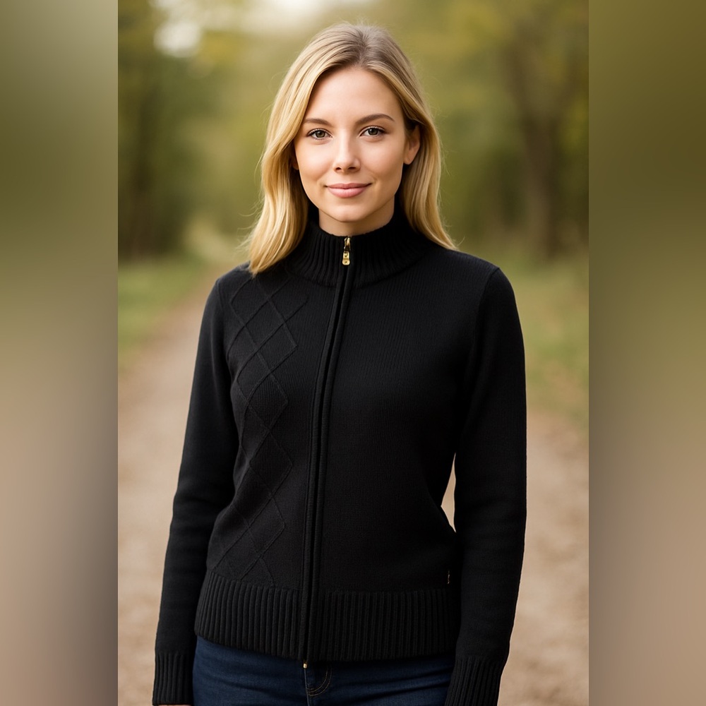 Green Lamb Black Full Zip Cardigan Sweater Women's S Wool Blend Mock Neck Preppy